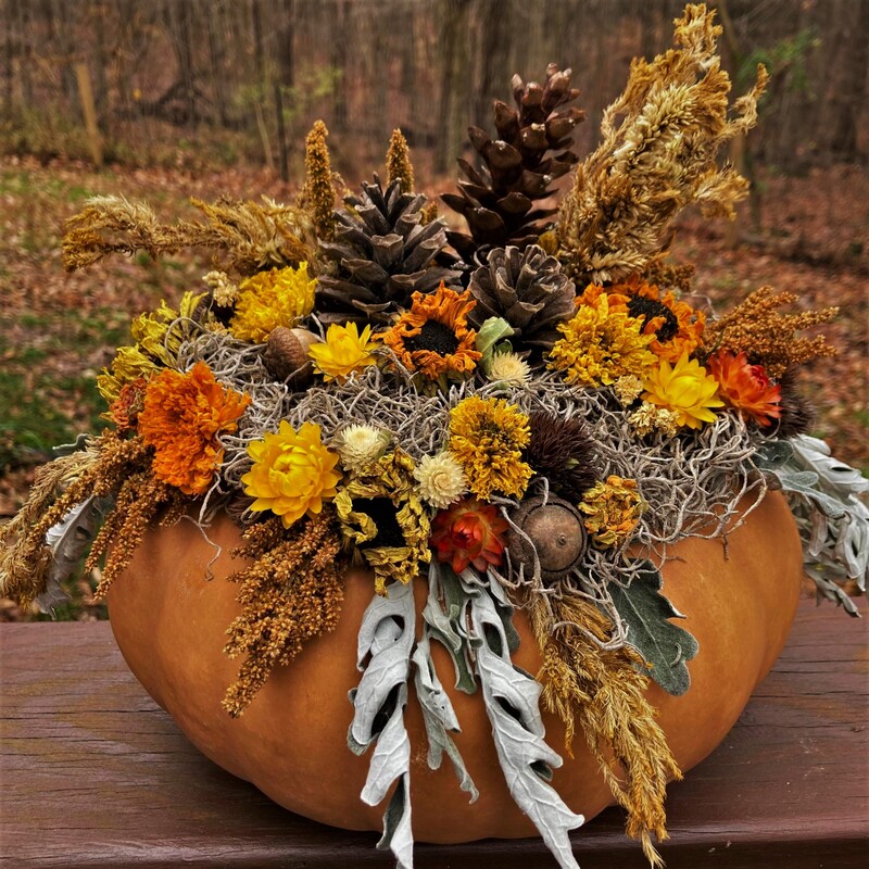 dried floral pumpkin centerpiece fall southeast Ohio