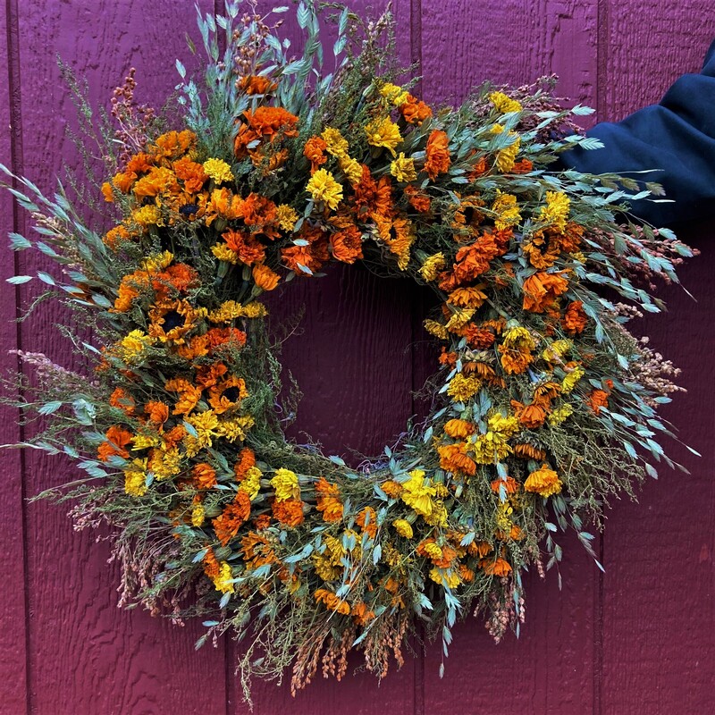 dried flower wreath with marigolds southeast Ohio